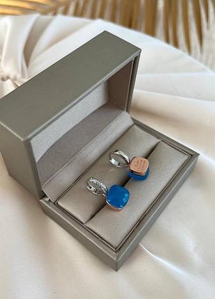 Серьги помеллато цирконы серебро и позолота / сережки с голубым камнем