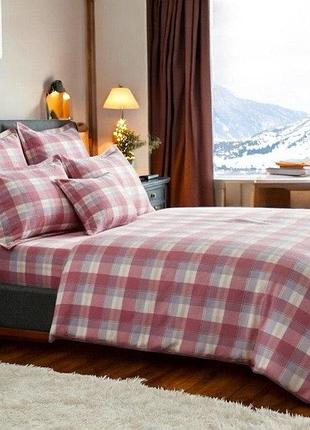 Комплект постільної білизни двоспальний теплий байковий фланель суперлюкс рожева клітинка акварель