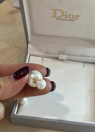 Серьги диор пусеты с двумя жемчужинами / позолота18 к