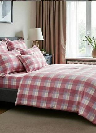 Комплект постельного белья семейный с 2 пододеяльниками с фланели акварель клетка розовый