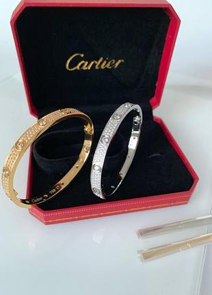 Cartier браслет love з викруткою (з дрібним цирконієм) лимонне золото, біле золото / cartier браслет із камінням