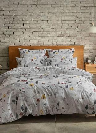 Комплект постельного белья семейный с 2 пододеяльниками с фланели акварель клетка синий зимний принт