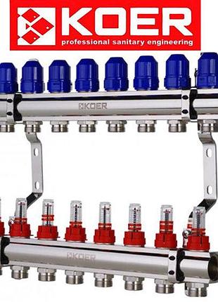 Коллектор для системы "теплый пол" koer на 8 выхода с термодатчиком и расходомером (без евроконусов)(чехия)