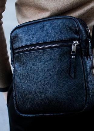 Мужская сумка с натуральной кожи черная солидная барсетка через плечо кожаная сумка-мессенджер для мужчин