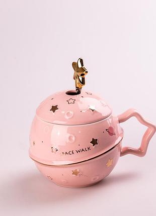 Чашка керамическая space walk 500мл с крышкой и ложкой розовый