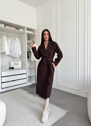 Женское кашемировое пальто на запах с подкладкой с поясом карманами длинный шоколад