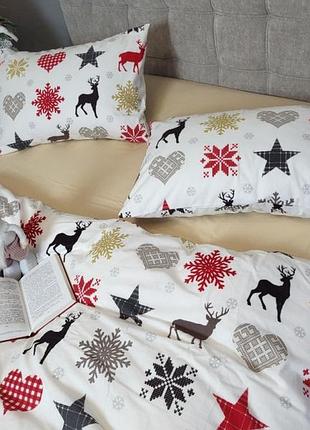 Постельное белье фланель новогодний бежевый двуспальный евро