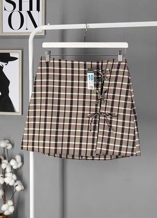 Новая юбка мини со шнуровкой "primark" в коричнево-белую клетку, uk10/eur38.
