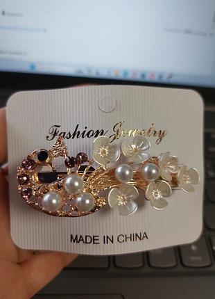 Заколка для волос павлин 6,5 на 2,5 см золотисто-белый