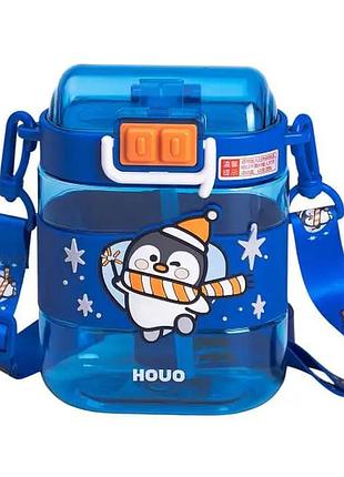 Бутылка для воды детская с трубочкой и ремешком 560 мл бутылочка для питья в школу 15 см синяя hp-14-36bl