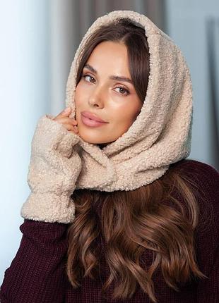 Комплект капор і мітенки з екохутра тедді ,капор тедді, мітенки тедді, теплий комплект