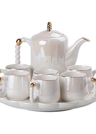 Чайный набор на 6 персон с заварочным чайником, чайником-заварником и керамической подставкой белый