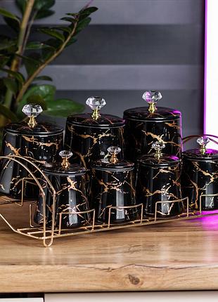 Набор для специй 4 шт по 250 мл и 3 шт по 550 мл на металической подставке черный