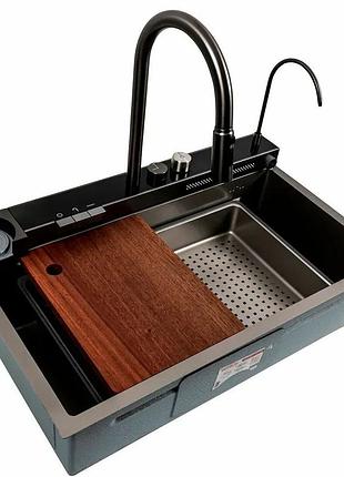 Кухонна мийка platinex handmade pvd 75*46d водоспад (зі змішувачем, кран, ополіскувач, доскач, диспенсером, сушаркою в