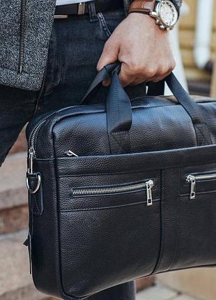 Кожаная мужская сумка для ноутбука и документов черная 39x28x8, портфель для бумаг, черный
