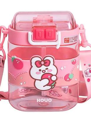 Бутылка для воды детская с трубочкой и ремешком 560 мл бутылочка для питья в школу 15 см розовая hp-14-36p