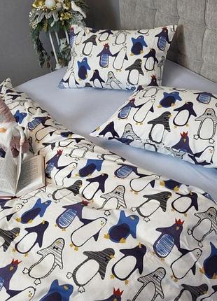 Постельное белье фланель пингвин голубой двуспальный евро