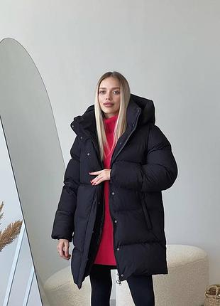 Жіночий подовжений пуховик з капюшоном біо пух