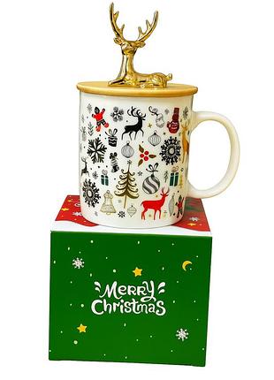 Новогодняя чашка с крышкой и фигуркой оленя merry christmas (в подарочной коробке) aurora