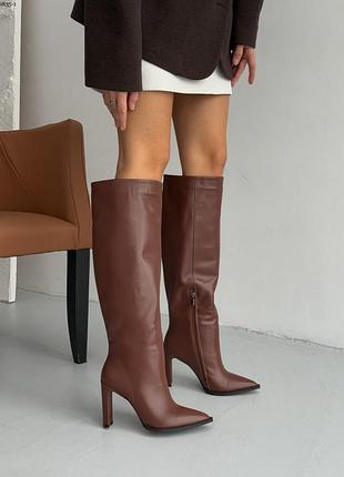 Сапоги женские цвета виски кожа / демисезонные сапоги цвета виски из натуральной кожи / рыжие сапоги на каблуке