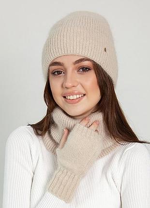 Комплект адель шапка+хомут+мітенки р.57 св.бежевий