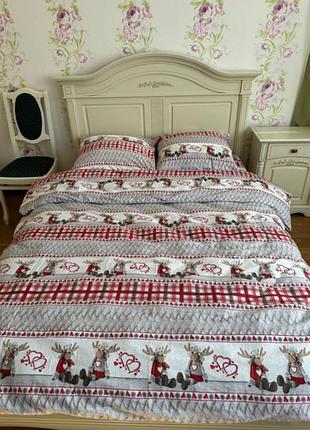 Постельное белье фланель новогодние олени двуспальный евро