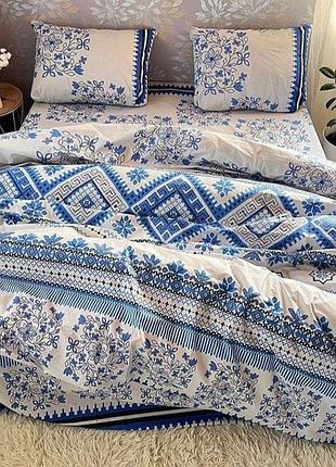 Постельное белье бязь вышиванка голубая двуспальный евро