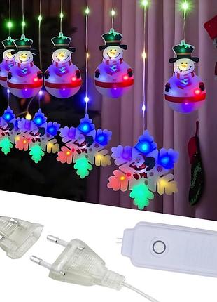 Гирлянда-штора снежинка + снеговик от 220в (3х0,7м) 90led, xmas, разноцветный