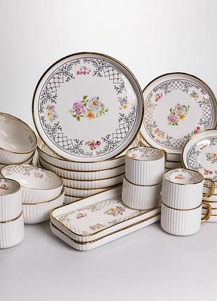 Столовый набор посуды тарелок и чашек 32 предмета на 6 персон "золотой кант" фарфоровый th-32