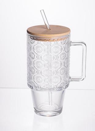 Кружка стеклянная с крышкой и трубочкой 750 (мл) чашка с трубочкой и крышкой на подарок hp-19-48n