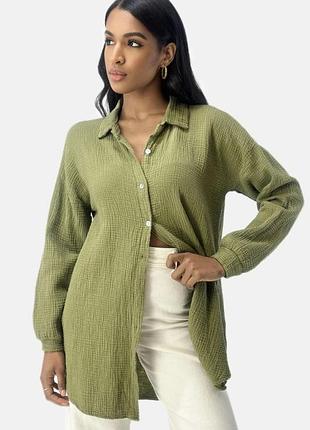 Р 16 / евро 44 / 50-52 легкая натуральная муслиновая оливковоая блуза рубашка рубашка хлопок на пуговицах перламутр итальялия