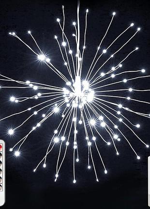 Подвесная гирлянда фейерверк от батареек, 50 нитей, 100led + пульт, холодный белый