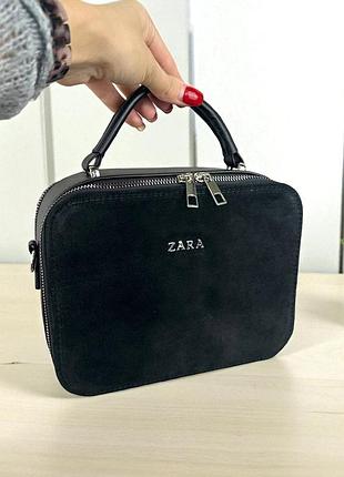 Замшева жіноча міні сумка на плече стиль zara чорна, маленька сумочка натуральна замша зара