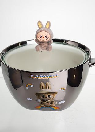 Бульйонниця порцелянова labubu з кришкою та ручками 800 (мл) ø15 (см) дитяча тарілка для супу та локшини сріблястий з коричневим