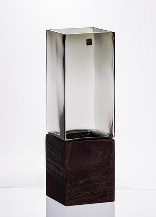 Стеклянная декоративная ваза квадратная, стильная ваза стекло с деревом для цветов прозрачная hp-32-7