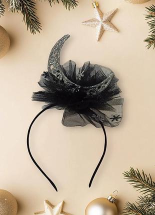 Обруч для волос полумесяц серебристый с фатином новогодний one size ручная работа черный