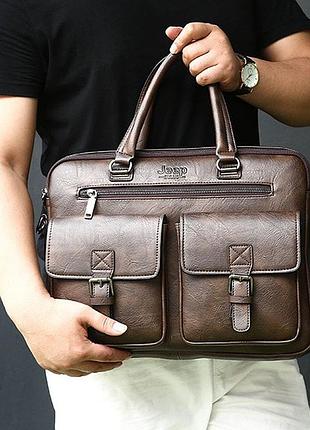 Чоловічий діловий портфель для документів jeep формат а4, сумка офісна для роботи чоловіча темно-коричневий