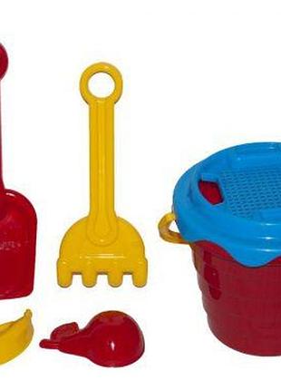 Набор песочный "а" (ведёрко, сито, лопатка, грабельки, 2 пасочки), красный