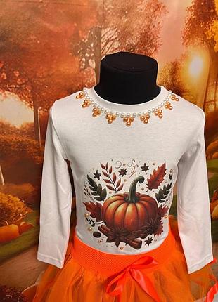 Костюм для дівчинки на хелловін no brend, спідниця, реглан, обруч, колір білий + помаранчевий, розміри 1-10 років