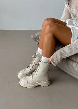 Зимние ботинки женские беж кожа мех 11077