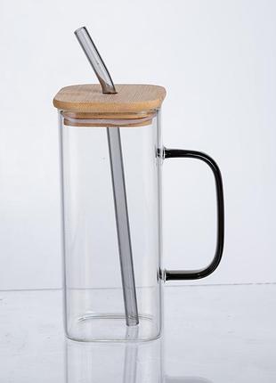 Чашка стеклянная 400 мл с бамбуковой крышкой и стеклянной трубочкой hp-19-146
