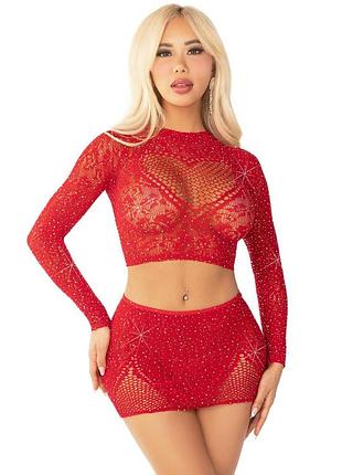 Комплект leg avenue rhinestone crop top and mini skirt one size, red