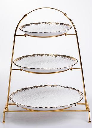 Фруктовница на 3 яруса фуршетная стойка для закусок 29×25×20 (см) конфетница белый с золотом yzh-009