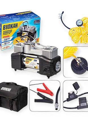 Компрессор 2 цилин vitol вулкан 300w/10атм/90л/7,5м шланг спирал с ман. и дефлятором/фонарь/клемы