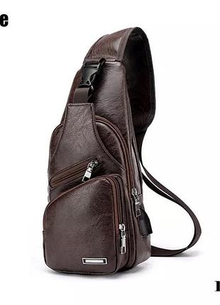 Сумка через плечо темно-коричневая с usb кабелем, размер 34*16*10см, 4 кармана, мужская сумка, женская сумка
