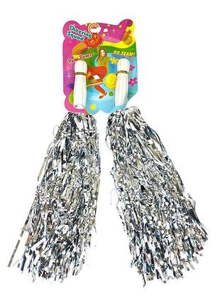 Помпоны для черлидинга и танцев серебряные 2 шт, с ручкой (0815-100 silver) knz