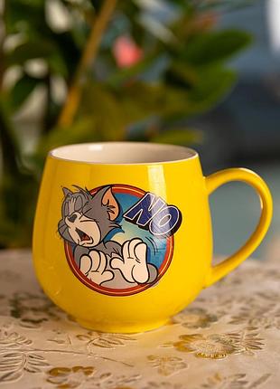 Праздничная фарфоровая чашка "веселые герои" 400 мл, кружка детская с фарфора на подарок желтая fm-13no