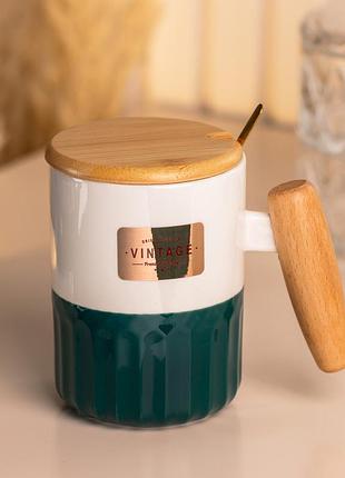 Чашка керамическая с бамбуковой крышкой и ручкой для чая кофе 400 мл зеленая теплая экологическая ve-33