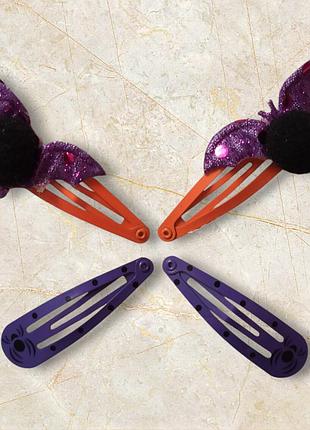 Набор 2 заколки оранжевые с летучей мышей и 2 заколки с принтом паук для волос на хэллоуин фиолетовый