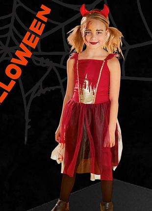 Детское платье с обручем дьяволица на хеллоуин размер m 7-10 лет красный